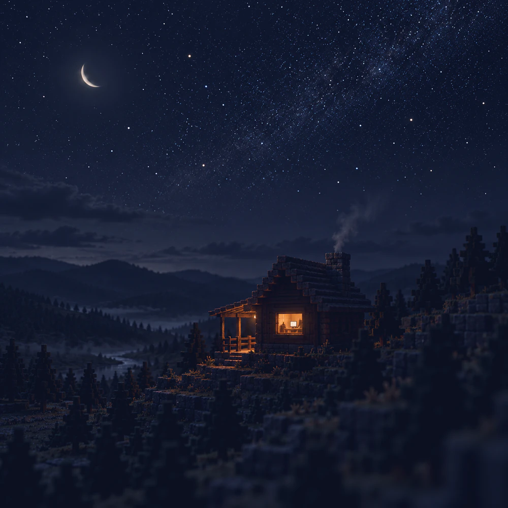 A small cabin alone on a dark hillside at night, its one lit window showing a desk and a glowing screen