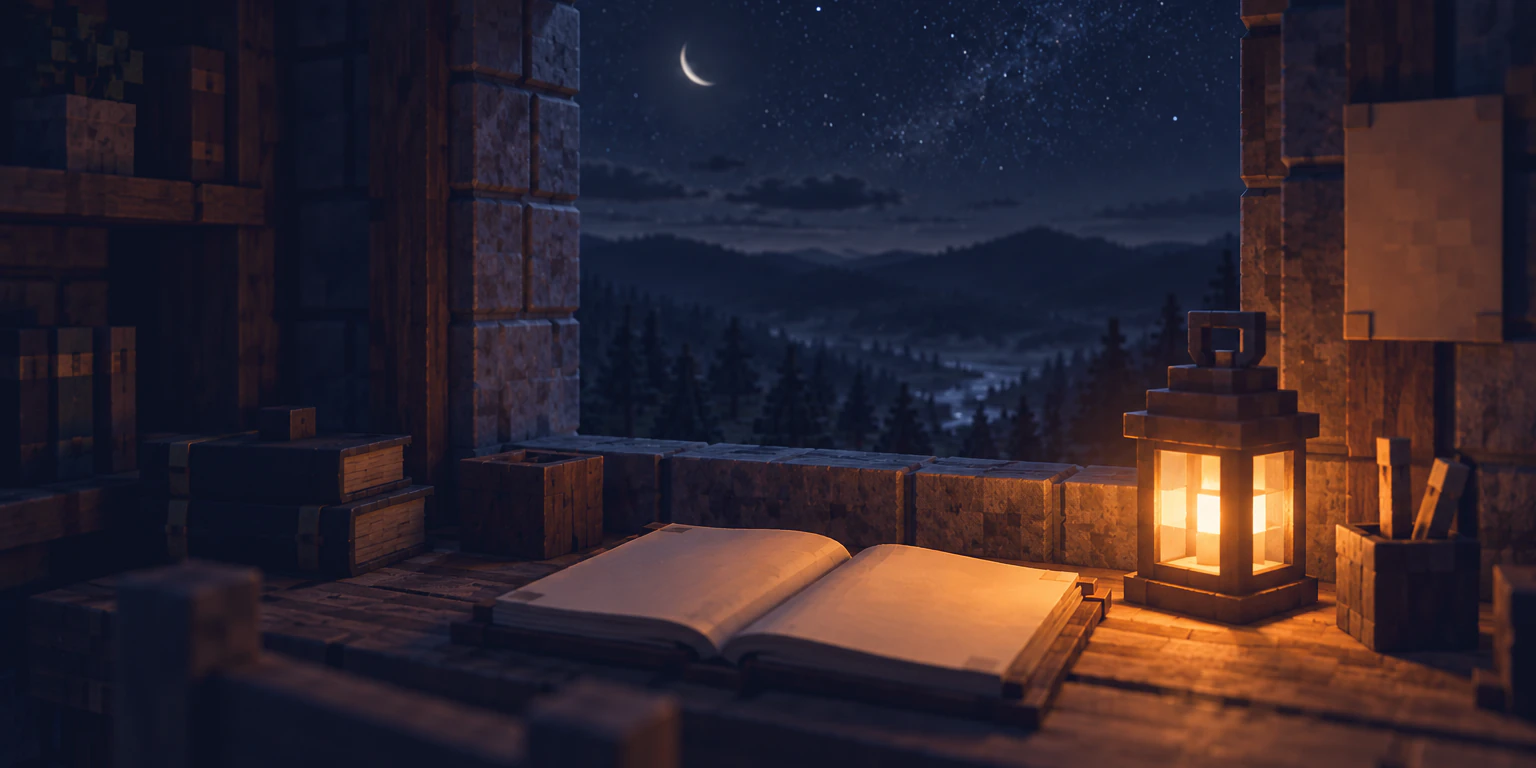 An open logbook and a lantern on a desk by a window that looks out over dark hills