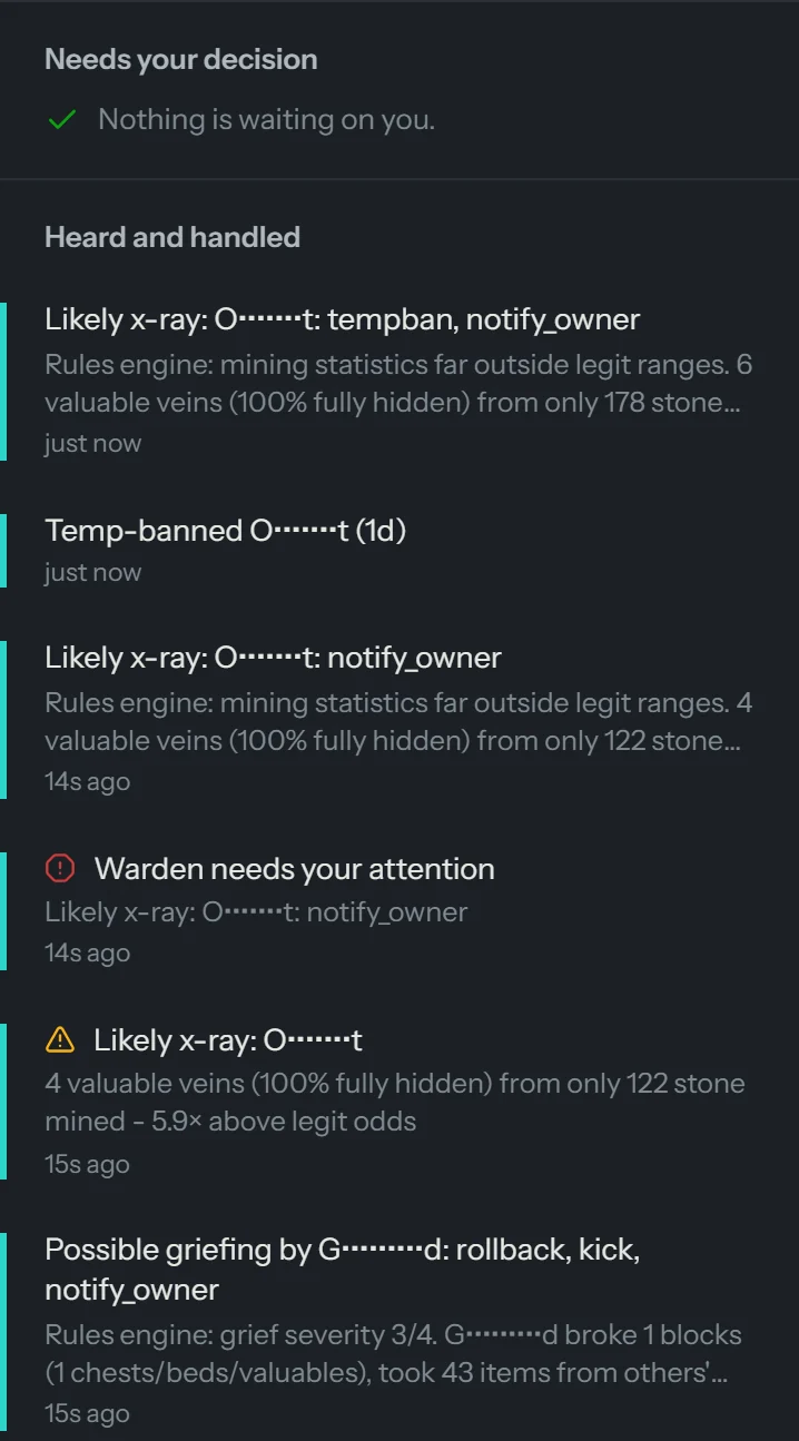 Warden's live feed: nothing waiting on the owner, an x-ray user temp-banned, and a griefer's damage rolled back and the player kicked